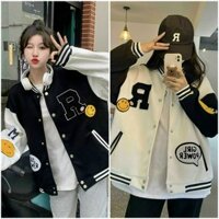 VIDEO Áo Khoác Bomber Bóng Chày Nỉ Chữ R Lo Go Mặt Cười Unisex Hàn Quốc Nam Nữ- Cardigan nam Nữ mặc Chống Nắng , lạnh  Rẻ Đẹp - L - TRẮNG