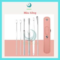 VIDEO-Bộ dụng cụ ráy tai ngoáy tai cao cấp 6 món kèm bao da kiêm móc khóa- CHỌN MẪU- Dụng cụ ráy tai thông minh cho người lớn và trẻ em - Hồng