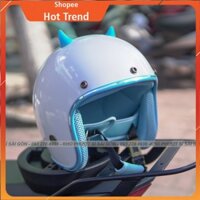 VIDEO - Combo nón bảo hiểm phượt 3/4 trắng lót xanh dương kèm sừng nhựa mini cute - Phượt Vivu biker