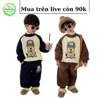 [Video thật] Bộ nỉ bông in hình gấu đội mũ len cho bé trai, bé gái từ 7-21kg mặc mùa đông