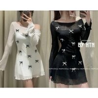 (Video thật) Đầm Lưới Ren Ôm Body Nơ Tay Dài Có Lót