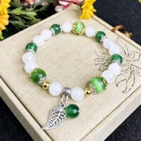 [Video Thật] Vòng Tay Nữ Mệnh Thủy ( Kim ) - Vòng Tay Nữ Mã Não Trắng 8mm Mix Đá Mắt Mèo Xanh Lá 10mm  V359-8