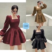 [Video/Ảnh thật] Váy Xòe Cổ Vuông Vân Gỗ Nữ [FREESHIP] 🌸 Đầm tay bồng, kiểu dáng tiểu thư chiết eo cá tính Ulzzang 🌸