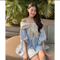 [Video/Sẵn] ALMA DRESS Đầm Váy Trễ Vai Kẻ Sọc Trễ Vai Babydoll Phối Nơ Trắng 2 Lớp Tay Bồng Tiểu Thư