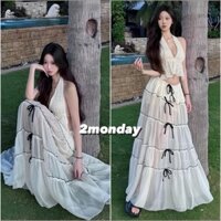 [VIDEO/SẴN] SET 2 MÓN ÁO YẾM KÈM VÁY DÀI XOÈ TẦNG ĐÍNH NƠ VIỀN REN ĐI BIỂN S37