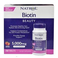 Viên Ngậm Hỗ Trợ Mọc Tóc Natrol Biotin, Giảm Rụng Tóc và Mượt,Đep Da 5000mcg 250 Viên - Biotin 5000mcg