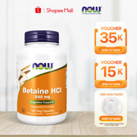 Viên uống Betaine HCl Now (120 viên) hỗ trợ tiêu hóa, tăng axit dịch vị, giảm đầy hơi, trào ngược