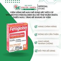 Viên uống bổ máu bổ sung sắt hữu cơ Vitabiotics FEROGLOBIN B12 hỗ trợ ngăn ngừa thiếu máu, tăng đề kháng 30 Viên
