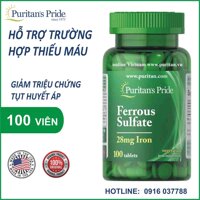 Viên uống bổ sung sắt Ferrous Sulfate 28mg Iron - Puritan's Pride 100 viên
