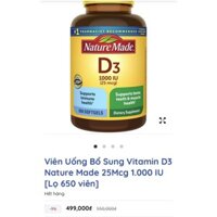 Viên Uống Bổ Sung Vitamin D3 Nature Made 25Mcg 1.000 IU Lọ 650 viên xả kho 41202.TL