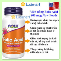 Viên uống Folic Acid 800mcg with B12 Now hũ 250 viên [Hàng Mỹ]