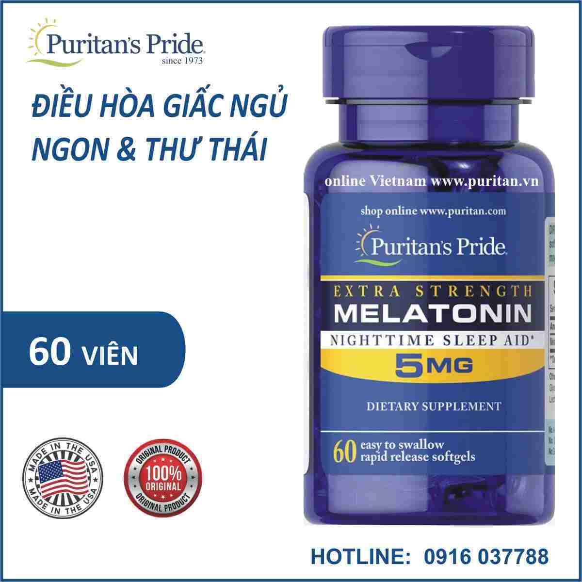 Viên uống giúp ngủ ngon Puritan's Pride Extra Strength Melatonin 5mg 60 viên