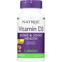 Viên uống Natrol - Vitamin D3 Fast Dissolve Bone & Joint Health Strawberry 5000 IU bổ sung Vitamin D3