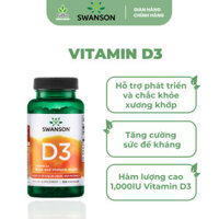 Viên Uống Swanson Vitamin D3 1000 IU Cung Cấp Vitamin D3, Ngăn Ngừa Loãng Xương