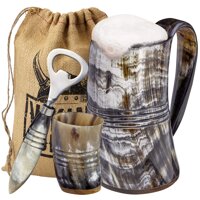 Viking Culture Ox Horn Mug, Shot Glass, and Bottle Opener (3 Pc. Set) Authentic 16-oz. Ale, Mead, and Beer Tankard | Vintage Stein with Handle | Cu...