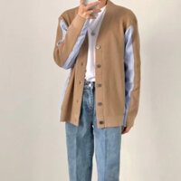Vintage Thiết Kế Không Cổ Áo Sơ Mi Sọc Chắp Vá Dệt Kim Nam Lười Dài Tay Rời Áo Khoác Cardigan