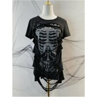 Vintage Văn Hóa Châu Á Punk Áo Thun Tay Ngắn vintage Retro Cô Gái Nóng Đầu Lâu Lỗ Rời Đau Khổ Giả Hai Miếng