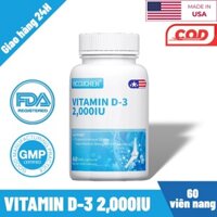 Vitamin D3 2000IU，Hỗ Trợ Sức Khỏe Xương, Răng, Tim Mạch và Miễn Dịch, 60Viên
