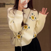 Vmewsher Thu Đông Thời Trang Mới Thêu Hoa Áo Len Dệt Kim Nữ Cổ Tròn Dài Tay Áo