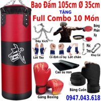 Vỏ Bao Cát Đấm Bốc Boxing Tập Võ dài 105cm Ø=35cm - Vỏ Bao Cát Treo + găng boxing + băng đa cuốn tay, bảo hành 6 tháng