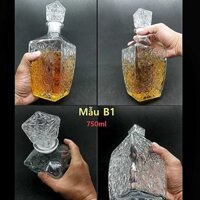Vỏ Chai Đựng Rượu Thủy Tinh 750ML (bộ 2 chai) vuông vát đáy họa tiết nổi - Bình đựng rượu đẹp (B1)