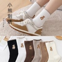 Vớ gấu dễ thương cho phụ nữ, dài đến giữa bắp chân, phong cách Nhật Bản, vớ dài, vớ sọc mùa đông, phong cách đại học ngọt ngào, vớ cotton xu hướng Ins