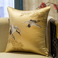 Vỏ Gối Thêu Đôi Hạc Bên Cành Cây Tùng Màu Vàng – Size 45x45cm