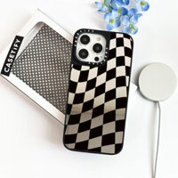 Vỏ Gương Kẻ Sọc Vuông Màu Đen Contort Cho IPhone 11 12 13 12Pro 14PLUS 15 Pro Max Vỏ Sạc Từ Tính Không Dây Mặt Sau PC Cứng Mềm Viền Ốp điện thoại Hộp Đóng Gói