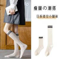 Vớ ống cotton lưới mùa thu đông, màu đen trắng, vớ lười, phong cách đại học, vớ bắp chân, vớ ống dài sọc Nhật Bản
