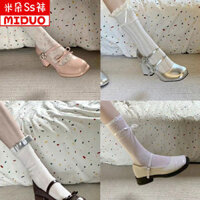 Vớ ren trắng kiểu ballet cho phụ nữ, vớ mùa hè mỏng Mary Jane dài đến giữa bắp chân có nơ, vớ dài kiểu JK Nhật Bản bằng cotton nguyên chất