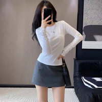 VO8N MIU-M Autumn and Winter New English Letter Printing Fashion Long Sleeve T T-shirt Three-Dimensional Slim Fit Patchwork Slimming Bottoming Shirt for Women