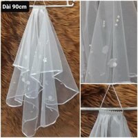 Voan cài tóc cô dâu ngang lưng 90 cm viền vải phi bóng đính nơ hoặc hoa kèm hạt trai thưa Giangpkc 904 - 90cm viền đính hoa