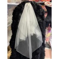Voan cài tóc cô dâu trắng viền thêu - Trơn 90cm