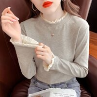 Với chất liệu thêm dày, da dẻ, cổ cao nửa cao, áo dài, áo lót, phụ nữ, mùa thu đông, áo thun mới, áo thun, áo thun, ren,