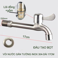 Vòi nước lạnh bằng inox 304 gắn tường thân dài 17cm, đầu tạo bọt hoặc gắn máy giặt tùy chọn DN15 lắp cho ống D21 - Đầu tạo bọt