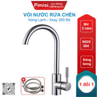 Vòi Nước Rửa Chén Nóng Lạnh Pimisi PVB-315C Inox 304 Mạ Sáng Bóng Dùng Cho Chậu Rửa Bát 1-2-3 Hố Trong Nhà Bếp, Kiểu Cổ Ngỗng, Chỉnh Nhiệt Gật Gù Gắn Bồn Rửa Âm - Dương Bàn Đá, Quay 360 Độ Tăng Áp Nhẹ, Kèm 2 Sợi Dây Cấp Nước Vòi Rửa Bát  Hàng Chính Hãng