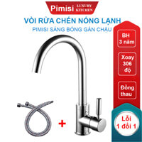 Vòi rửa bát nóng lạnh Pimisi đồng thau mạ xi CrNi sáng bóng kiểu tròn điều chỉnh nhiệt độ bằng tay gật gù - kèm 2 sợi dây cấp nước dùng cho chậu rửa bát 1-2-3 hố trong nhà bếp - vòi nước rửa chén gắn chậu âm dương bàn đá quay 360 độ tăng áp  Chính hãng
