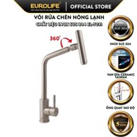 Vòi rửa chén nóng lạnh Inox SUS 304 nguyên khối đầu vòi xoay 360 độ Eurolife EL-T031 (Trắng vàng)