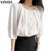 Vonda Áo Giả Xếp Ly Tay Lửng Cổ Tròn Màu Trơn Phong Cách Hàn Quốc Cho Nữ