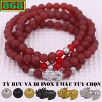 Vòng chuỗi 108 hạt mã não đỏ mờ charm tỳ hưu inox - hạt 6 ly, 8 ly, vòng chuỗi niệm Phật