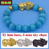 Vòng chuỗi đá mắt mèo xanh biển charm tỳ hưu inox 2 bi, vòng chuỗi phong thủy