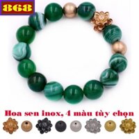 Vòng chuỗi đeo tay charm hoa sen inox phối 2 bi - Lắc tay xanh lá sọc size 12 ly VTAXLSHSVHHB12