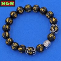 Vòng chuỗi đeo tay đá đen khắc lục tự kim ngôn charm đầu Phật Như lai inox