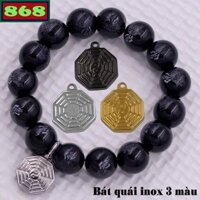 Vòng chuỗi đeo tay đá đen khắc bông sen và chữ Phật charm bát quái inox, vòng tay chuỗi hạt