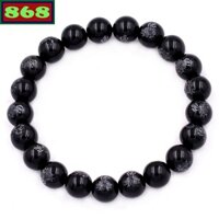 Vòng chuỗi đeo tay đá đen khắc chữ Phật và hoa sen, từ 8 ly đến 14 ly, vòng tay chuỗi hạt