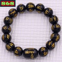 Vòng chuỗi đeo tay đá đen mờ khắc lục tự chân ngôn mạ vàng charm Thái tuế phù,vòng chuỗi phong thuỷ