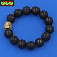 Vòng chuỗi đeo tay đá đen mờ khắc lục tự kim ngôn charm đầu Phật Như lai inox, Phật tổ Như lai