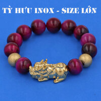 Vòng chuỗi đeo tay đá mắt hổ hồng 14 ly  size lớn  charm tỳ hưu và bi inox vàng, vòng tay chuỗi hạt
