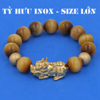 Vòng chuỗi đeo tay đá mắt hổ vàng 14 ly  size lớn  charm tỳ hưu và bi inox vàng, vòng tay chuỗi hạt