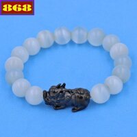 Vòng chuỗi đeo tay đá mắt mèo trắng 10 ly charm Tỳ Hưu inox, vòng tay chuỗi hạt